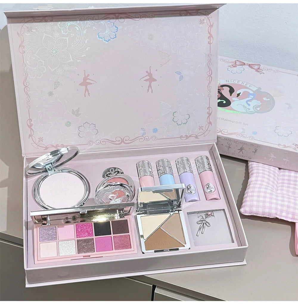 NICEKEY Pink Ballet Makeup Sets Include 4 Lip Mud,1 Blush,1 Pressed Powder,1 Eyes Palette,1 Contour Palette With Necklace Gift