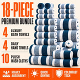 18pcs Luxury Bath Towels Set - Quick-Dry Highly Absorbent Plush Soft Coral Fleece-like Texture, Multi-Size Family Bathroom Towels with Hanging Loops (30x30cm, 70x140cm) for Home, Hotel & Spa - Navy & Striped Design, Durable &