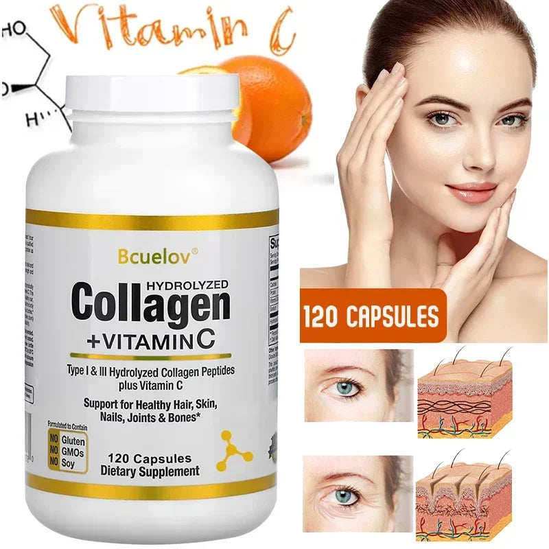 Hydrolyzed Collagen Peptides + Vitamin C, Types I & III Support Healthy Hair, Skin, Nails, Joints & Bones Boosts Immunity