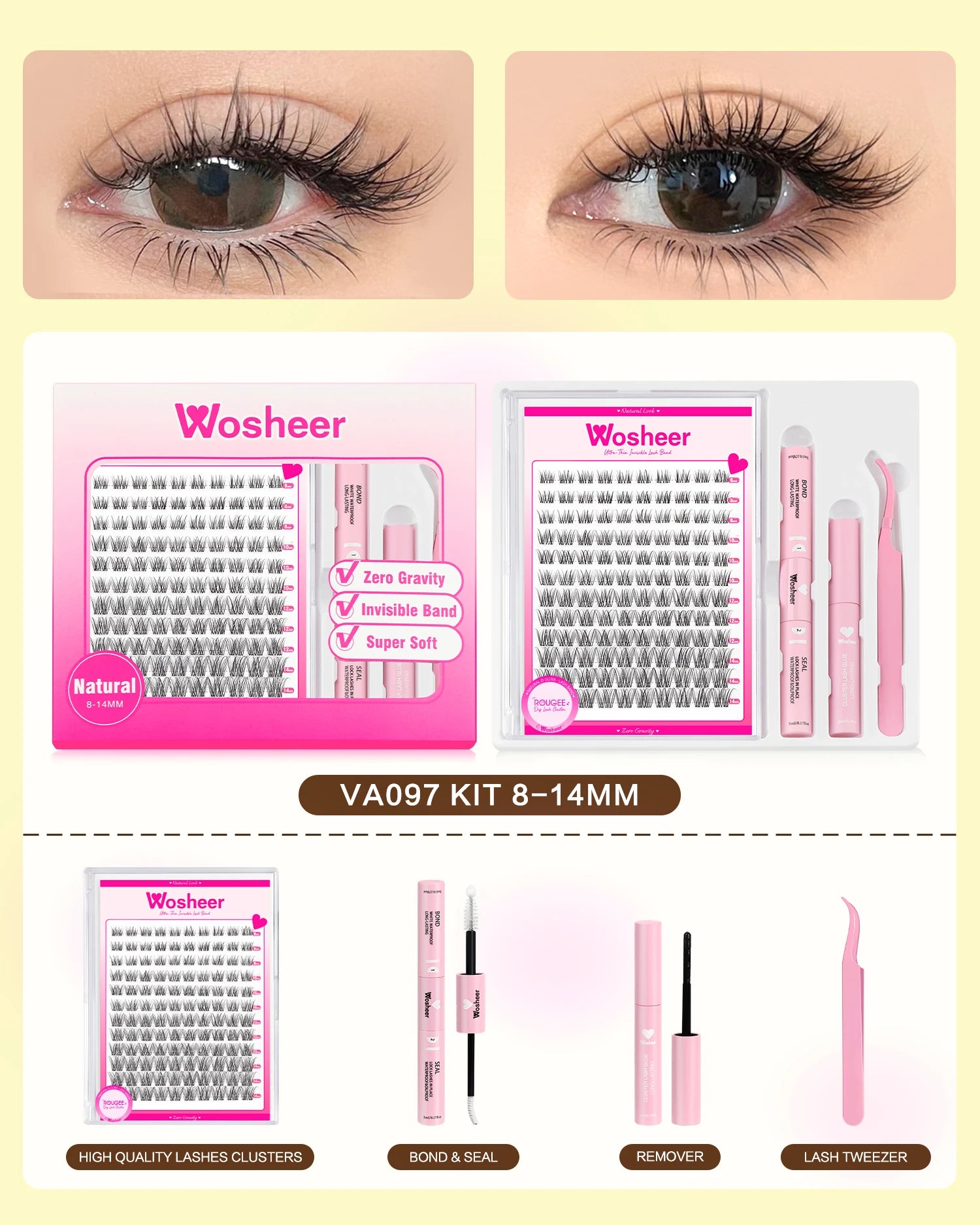 WOSHEER Eyelash Clusters Kit Thick Individual Lashes Lash Bond And Seal And Remover Faux Mink Lashes Eyelash Extension DIY