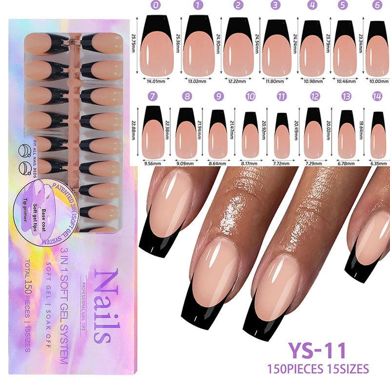 150Pcs/Box Acrylic Press on Nails Full Cover Fake False Tips Soft Gel Extension T-shaped Oval Capsule Almond Sculpted Salon DIY