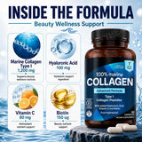 Marine Collagen Capsules for Women & Men, Type I Peptides with Hyaluronic Acid, Vitamin C & Biotin, Beauty Glow Nails, 60 Count