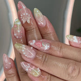 24pcs Wearable Press on Nails Strawberry Bow Design Nails Tips Red Short Almond Pearl Starlight Fake Nail Art Flower False Nails
