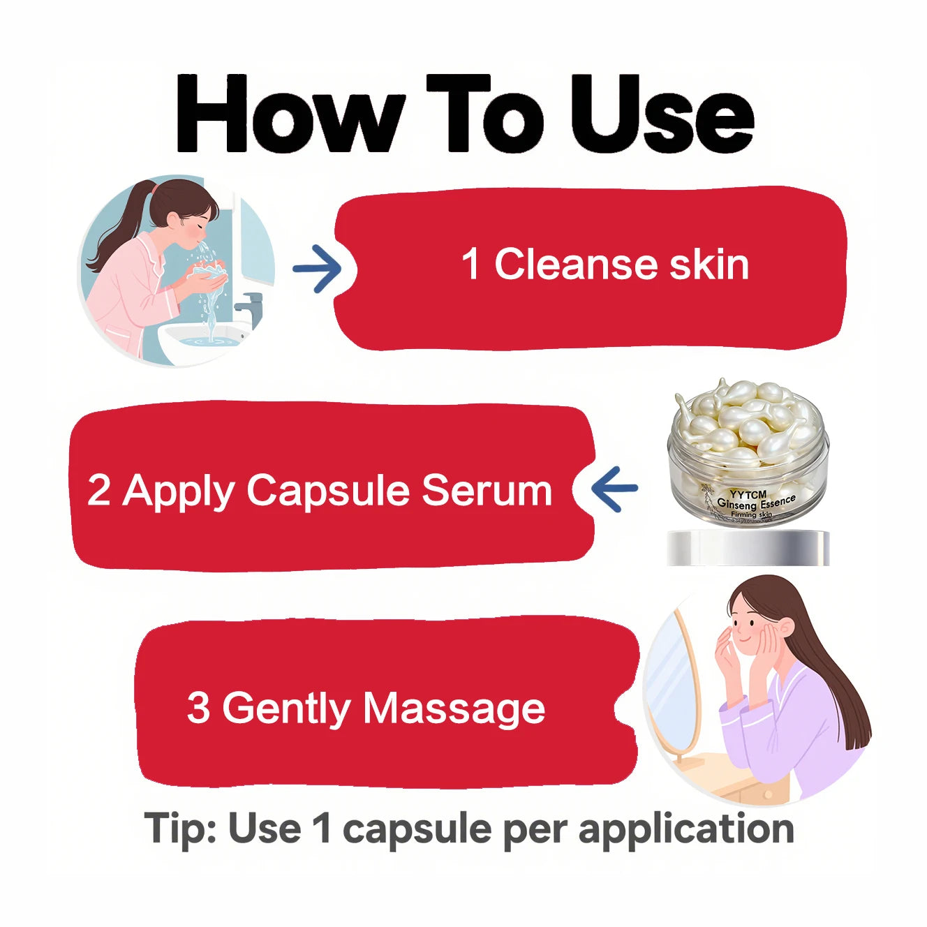 Ginseng Essence Capsules, Moisturizing and Firming Essence Serum, Contains Squalane, Niacinamide, Vitamin E, Retinol, Deep Hydration (0.34Gx30 Capsules)/Bottle-1 Bottle