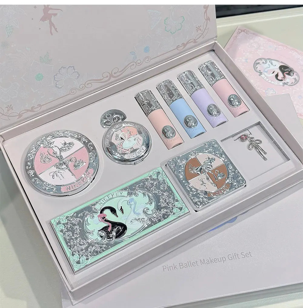 NICEKEY Pink Ballet Makeup Sets Include 4 Lip Mud,1 Blush,1 Pressed Powder,1 Eyes Palette,1 Contour Palette With Necklace Gift