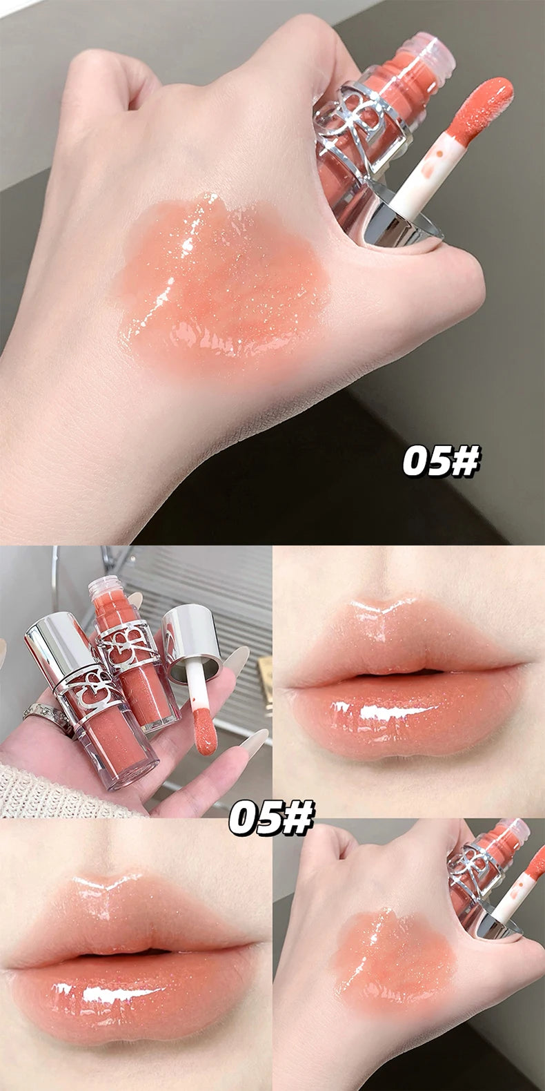 Gege Bear Glittering Mirror Lip Glaze, Watery Shimmering Light Lip Gloss Makeup 8 Colors, Hydrating Moisturizing, Long Lasting