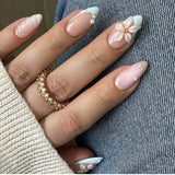 24PCS Pink Almond Press on Nails Full Cover Carved Flower 3D Ripples French Fake Nails for Women with Golden Pearl Wearable Nail