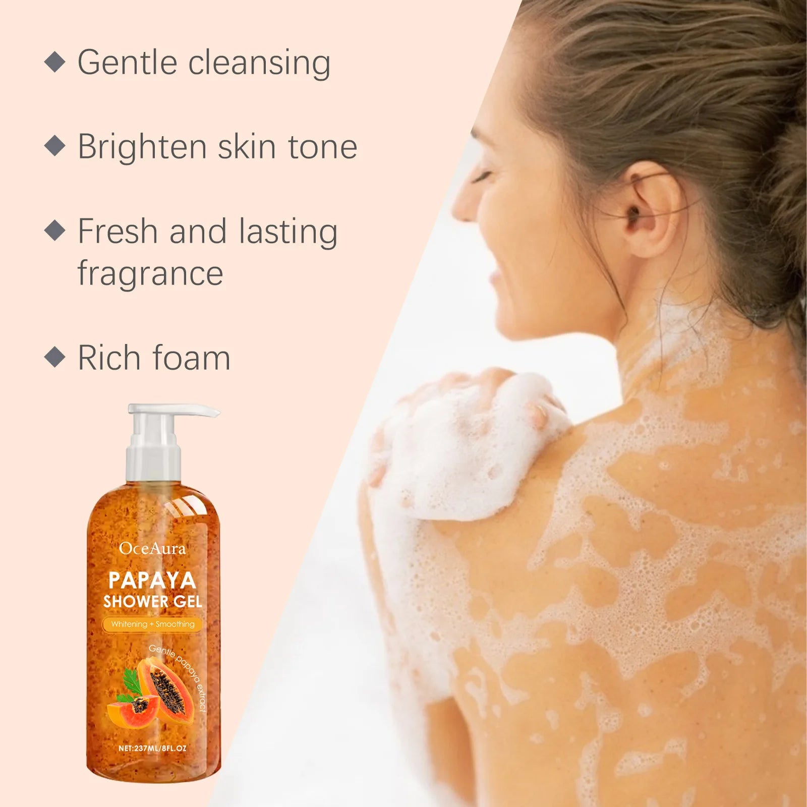 Papaya Shower Gel Whitening Smoothing Cleansing Remove Dirt Fade Pigmentation Rich Foam Lasting Aroma Hydrate Refresh Body Wash