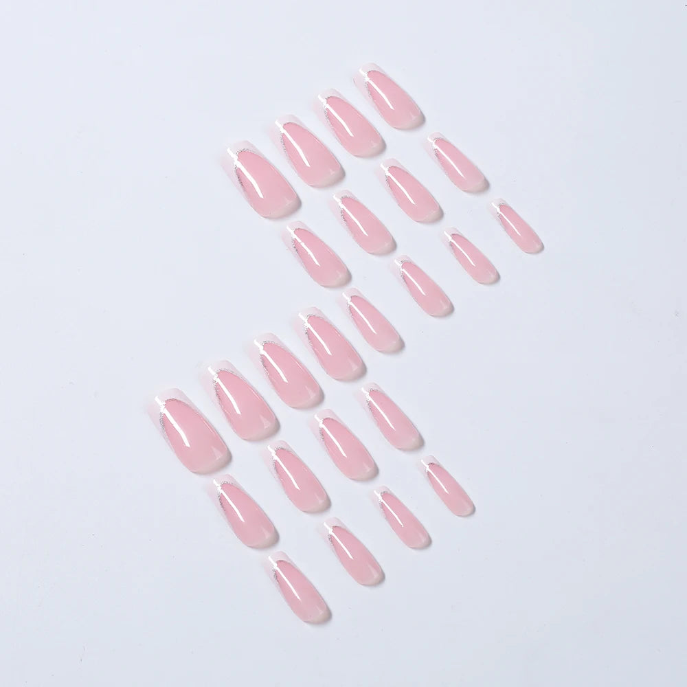 24Pcs Short Square Coffin False Nails French Glitter Wearable Fake Nails Acrylic Full Cover Women Ballet Press on Nails Tips