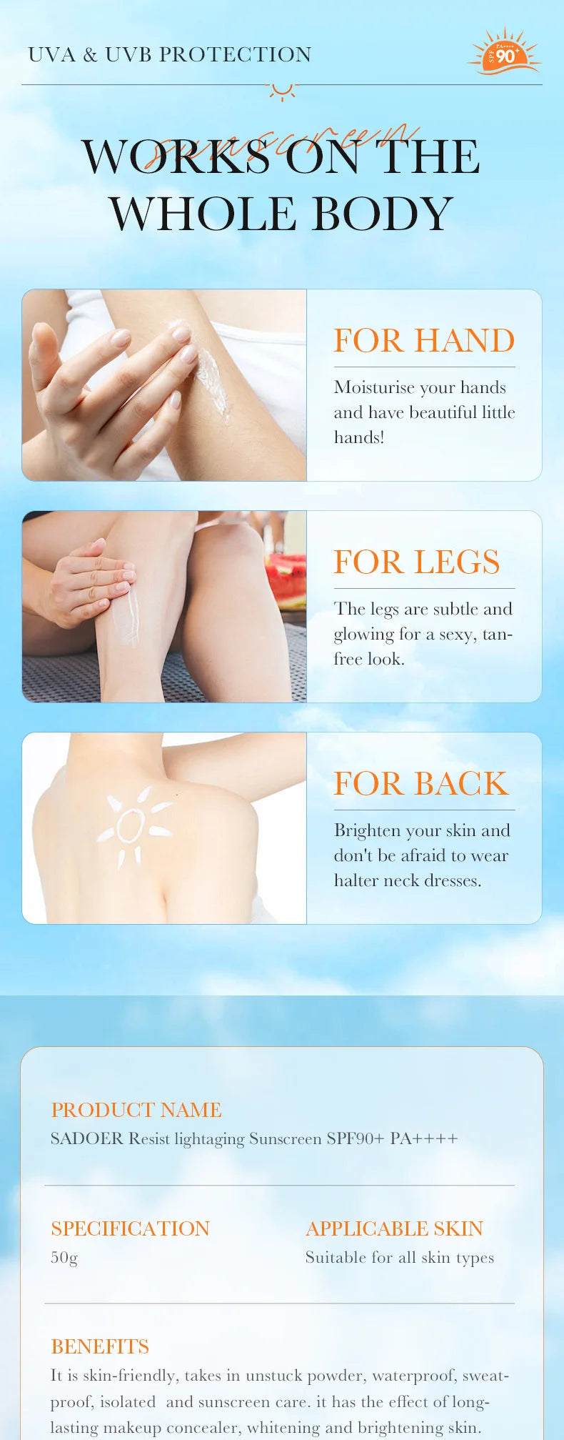 SADOER Spf 90+ Sunscreen For Face Whole Body Use Protector Solar UV Resistant Repairing Solar Blocker Facial Sunscreen