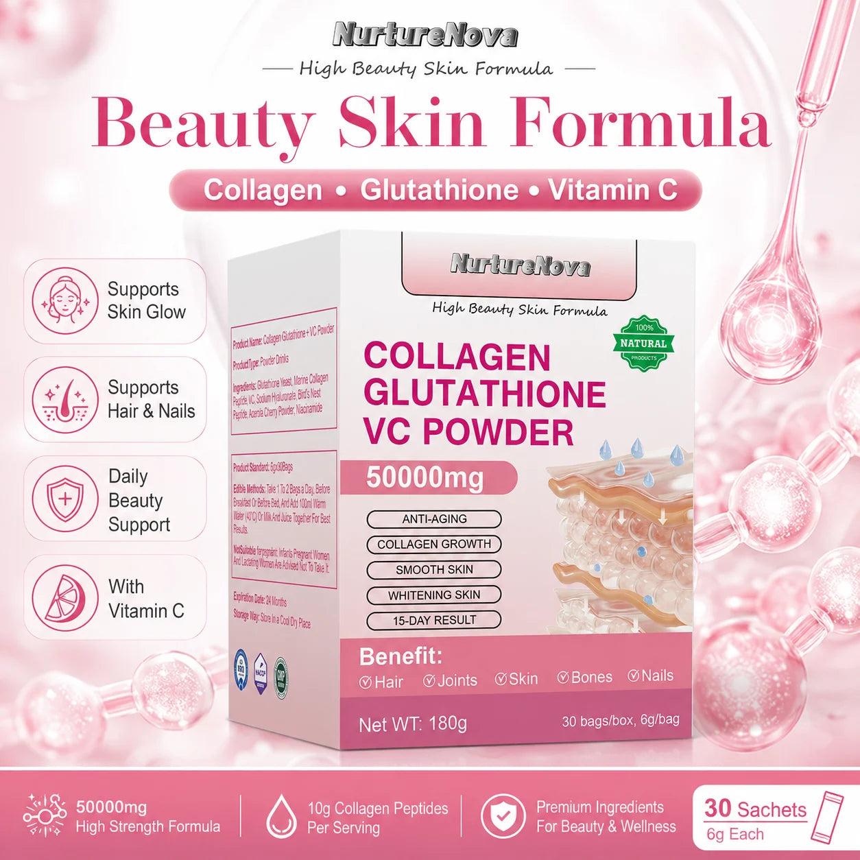 Collagen Peptides Glutathione Vitamin C Powder 30 Sachets, Marine Collagen Drink Mix for Beauty Wellness Support Adults 180g