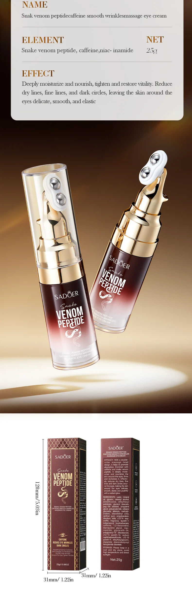 SADOER Snake Venom Peptide Caffeine Anti Wrinkle Massage Eye Cream Anti Dark Circles Anti-Aging Moisturizing Eyes Skin Care