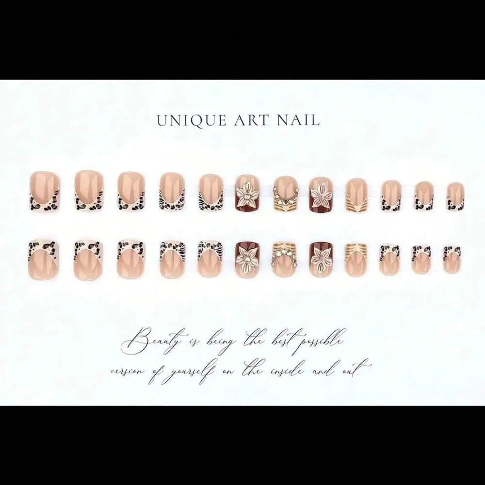 24Pcs 3D Embossed Carved Press‑on Nails European French Leopard Print Y2K Fake Nails Cool Girl Artificial Nail Tips for Party Wear