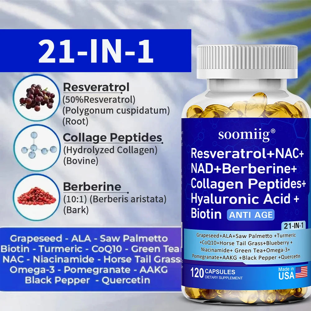 Vitamax 21-in-1 Supplement | NAD+ Resveratrol Collagen Berberine | Supports Hair, Skin, Nails, Joints, Anti-aging, Firming Skin