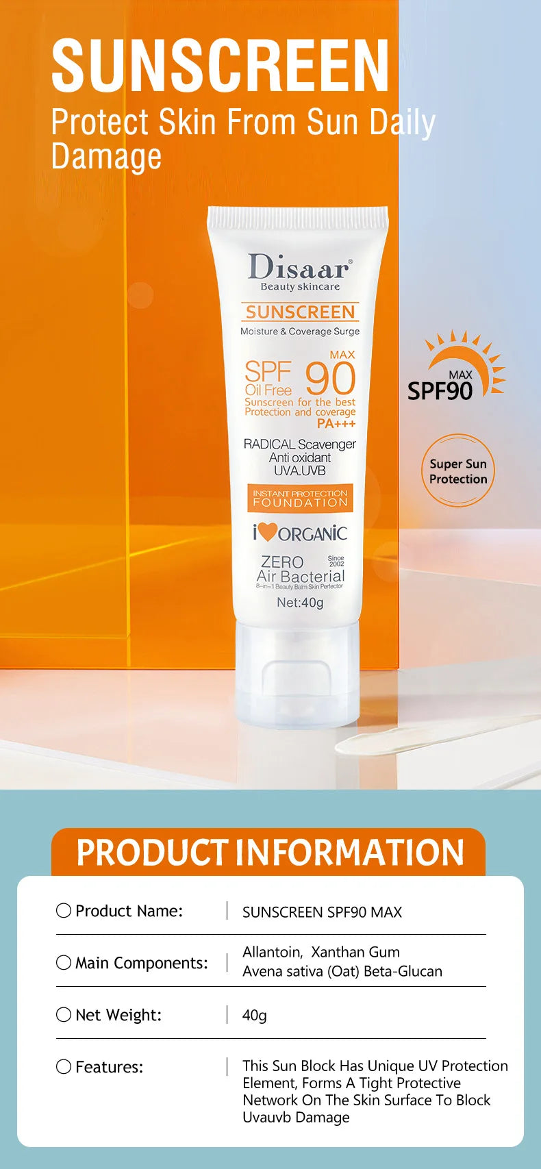 Disaar Facial Sunscreen Cream SPF 90 Body Protector Solar Lotion Original Facial Body Moisturizing UV Protection Sun Sunblock