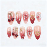 24pcs Wearable Press on Nails Strawberry Bow Design Nails Tips Red Short Almond Pearl Starlight Fake Nail Art Flower False Nails