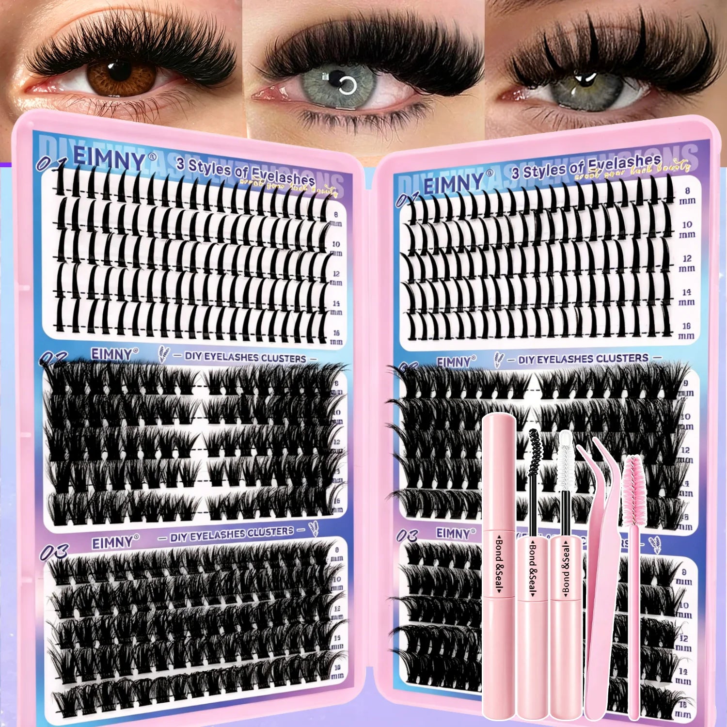 720/200pcs eyelash Extension Kit Fluffy Eyelash Extension kit with Lash Bond and Seal Lash Tweezers Thick Lash Clusters Wispy