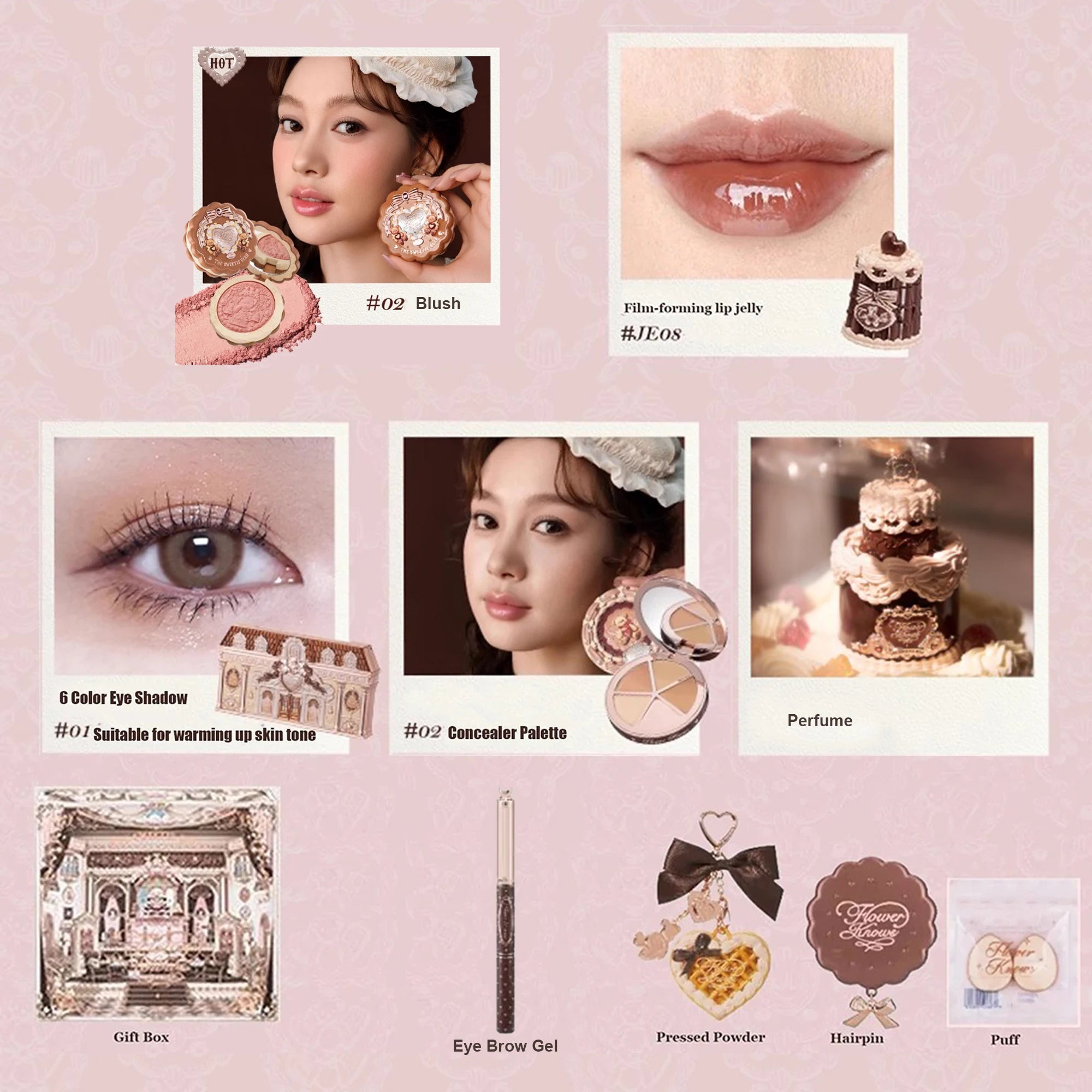Flower Knows SWEETIE BEAR Makeup Box Gift Set All In One Perfume Shimmer Eye Shadow Palette Blush Lip Jelly Box 10 PCS