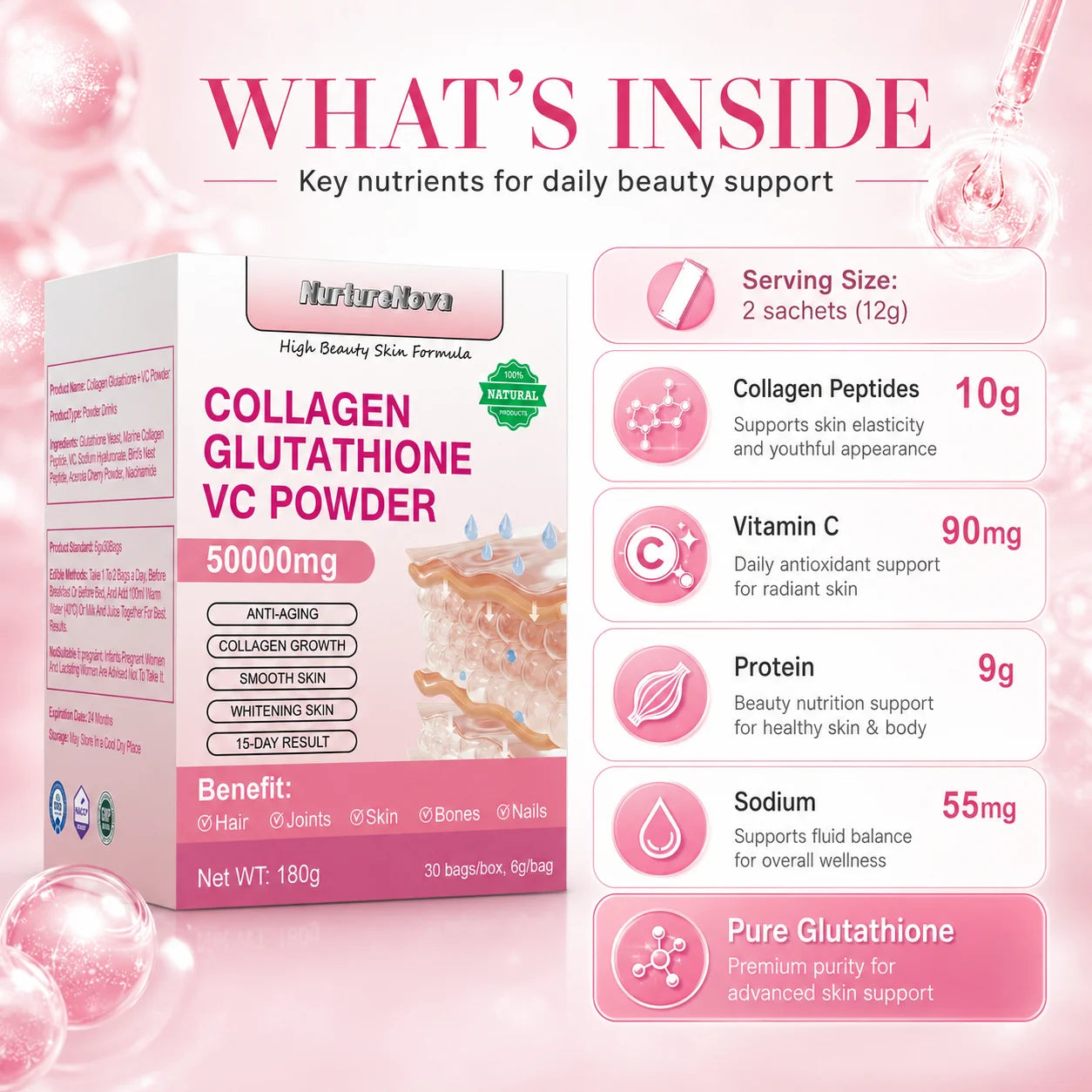 Collagen Peptides Glutathione Vitamin C Powder 30 Sachets, Marine Collagen Drink Mix for Beauty Wellness Support Adults 180g