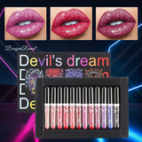 12 Lip Gloss Set Box for Halloween and Christmas Makeup with Pearlescent Shining, Waterproof, Durable, Natural Makeup, Shining,