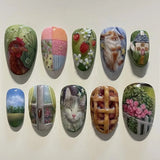 24pcs Flower Print Press on Nails Wine Red Blush Almond False Nail Tips Wearable Reusable Summer Spicy Girl Fake Nails