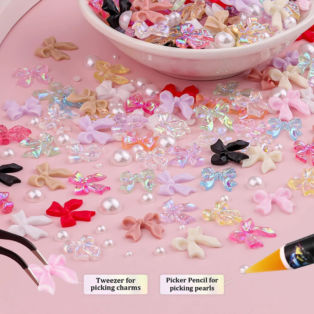 12Grid/Box Mixed Resin Bowknot Nail Charms 3D Colorful Bow Kawaii Rhinestone Nail Art Decorations DIY Manicure Parts Pen Tweezer