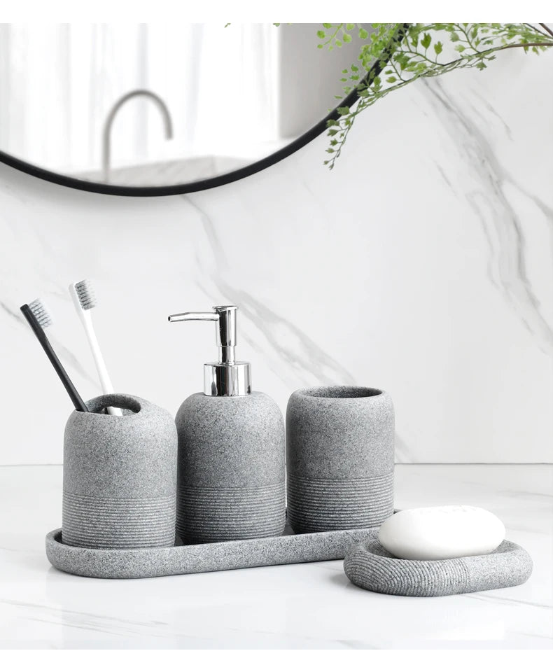 5Pcs athroom Accessories set  Lotion Dispenser Toothbrush Holder Tray Tumbler Cup Soap Dish Beige and Grey