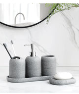 5Pcs athroom Accessories set  Lotion Dispenser Toothbrush Holder Tray Tumbler Cup Soap Dish Beige and Grey