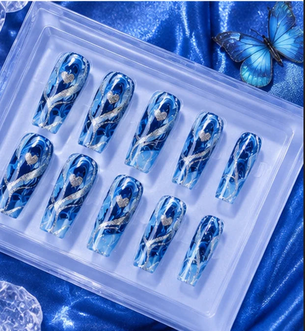 24 Pack Blue Gradient Press on Nails - Gold Curve Line Medium Square Acrylic Fake Nails - Glossy Love Heart False Nails for Women