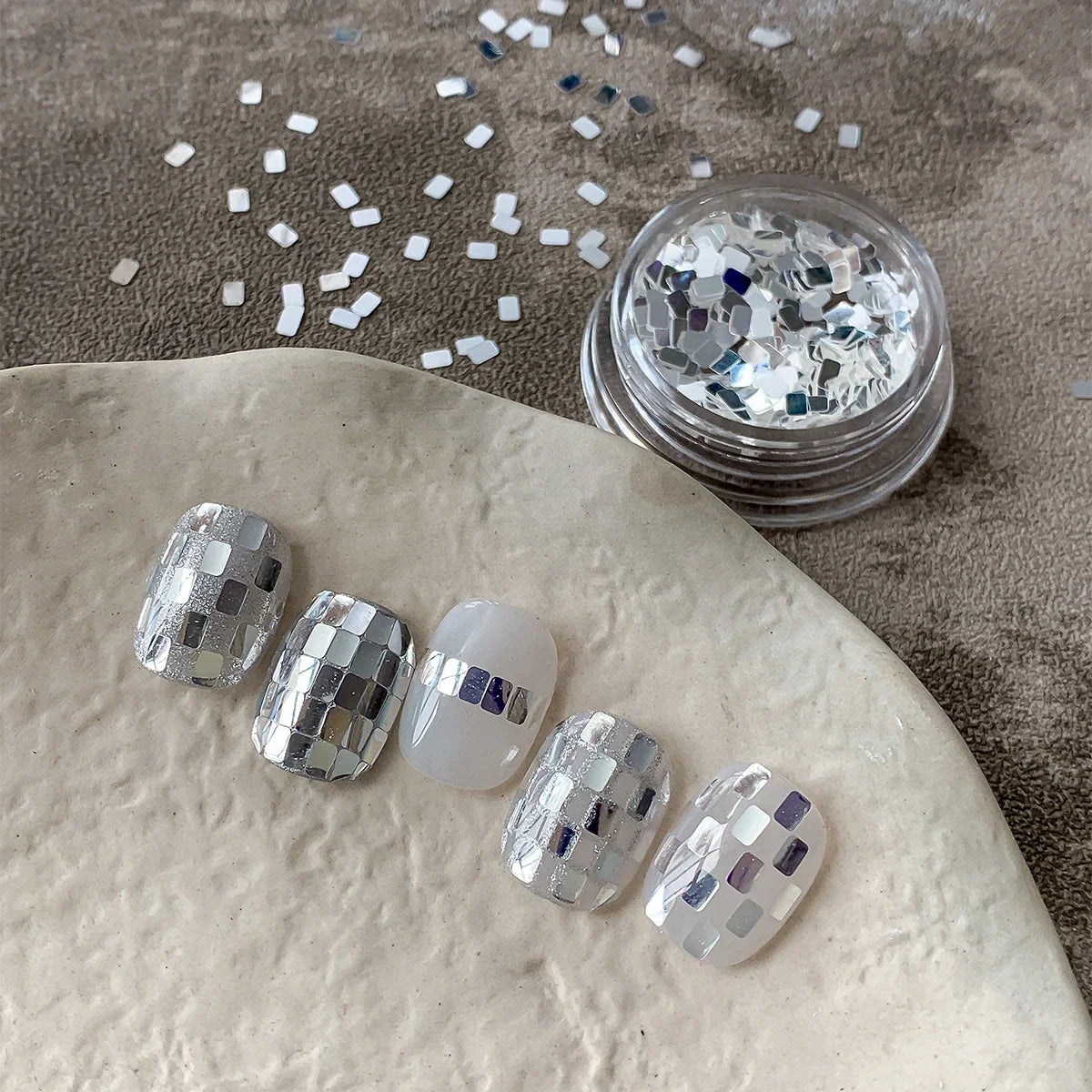 Square silver glitter nail accessories boxed, simple and sparkling, light luxury style , nail decorations
