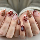 24Pcs Autumn Winter Matte Almond False Nails with Glue Rose Leaf Printing Nail Art Simple Full Cover Press on Acrylic Nails Tips