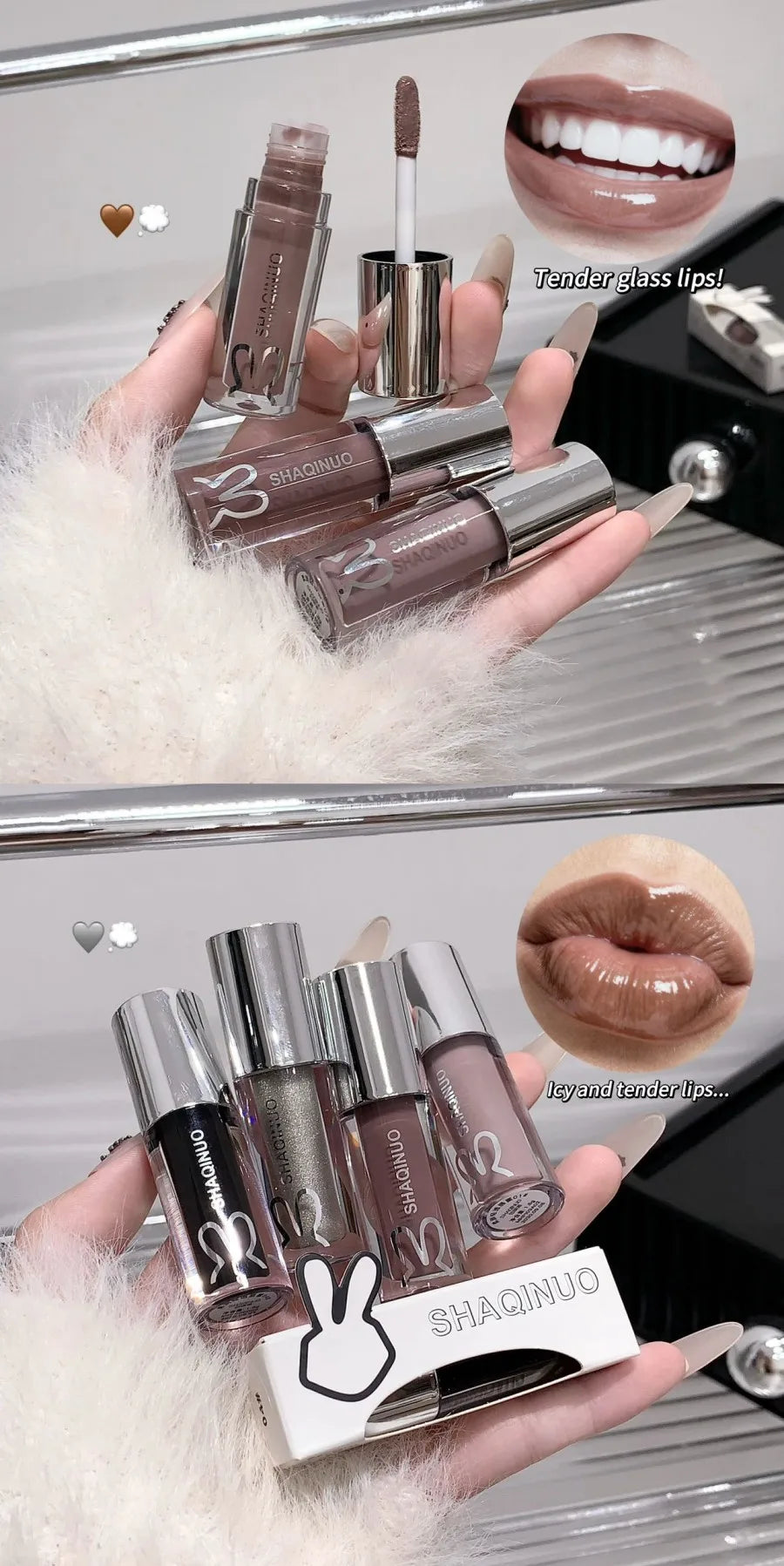 Water Light Mirror Lip Gloss Lasting Moisturizing Cool Black Silver Gray Pearlescent Fine Sparkling Lipstick Lip Oil
