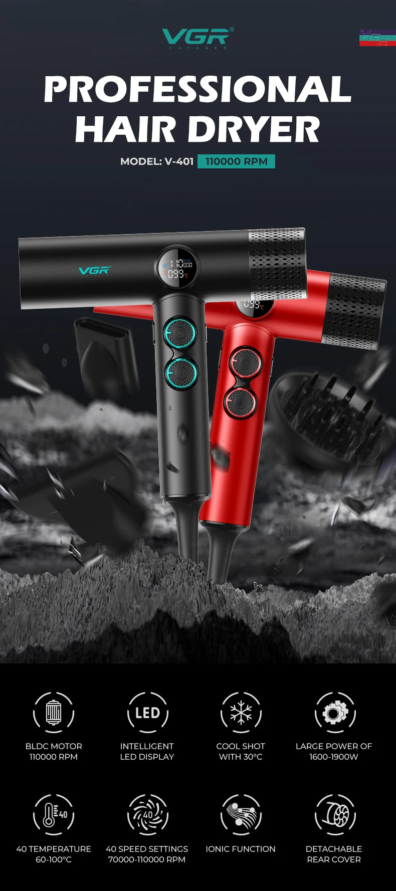 VGR Hair Dryer Professional Hot and Cold Adjustment 110000 RPM Blow Dryer Brushless Motor Hair Styling Blow Dryer Machine V-401