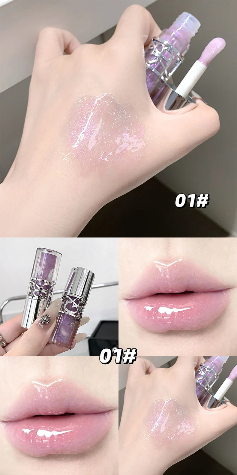 Gege Bear Glittering Mirror Lip Glaze, Watery Shimmering Light Lip Gloss Makeup 8 Colors, Hydrating Moisturizing, Long Lasting