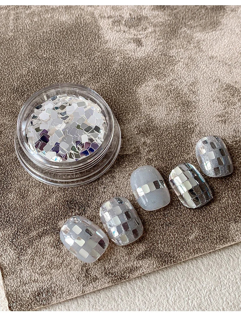 Square silver glitter nail accessories boxed, simple and sparkling, light luxury style , nail decorations