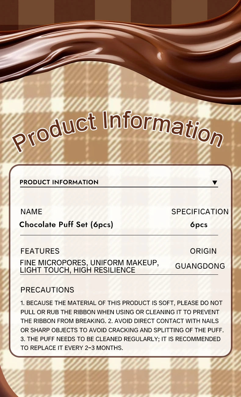 GECOMO 6 PCS Chocolate Powder Puff Set, Wet And Dry Sponge, Soft Leather Flocking Makeup Cushion