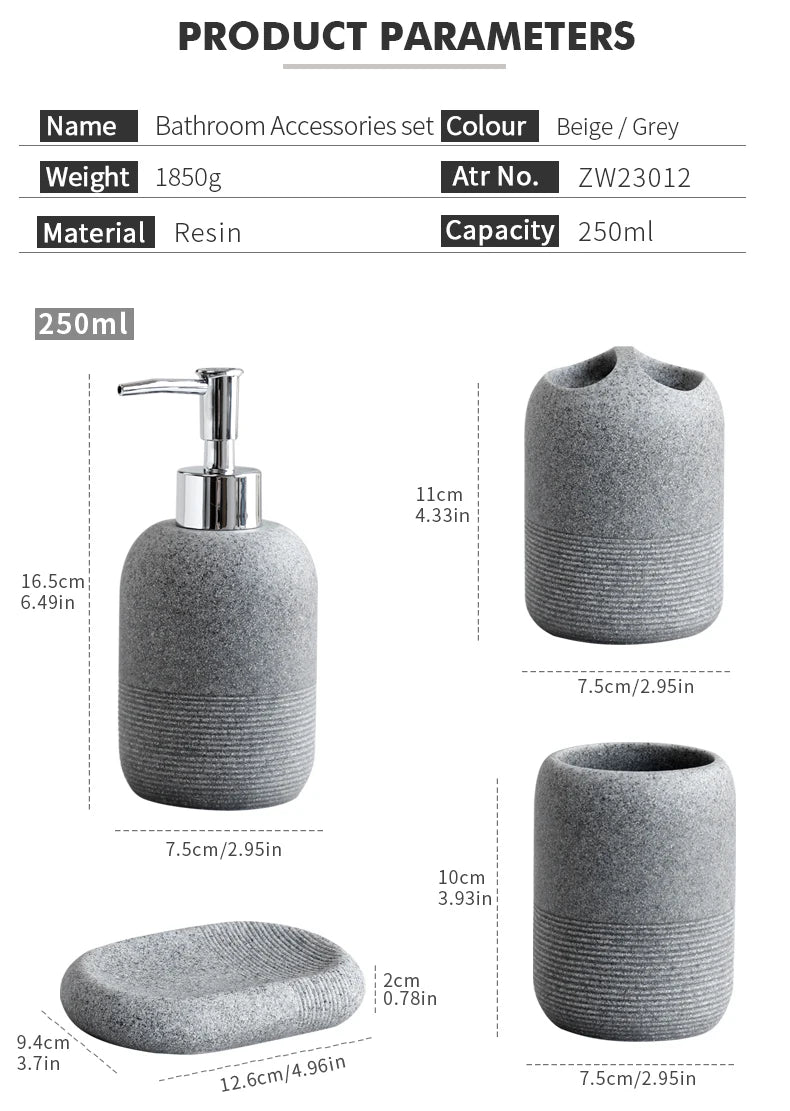 5Pcs athroom Accessories set  Lotion Dispenser Toothbrush Holder Tray Tumbler Cup Soap Dish Beige and Grey