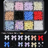 12Grid/Box Mixed Resin Bowknot Nail Charms 3D Colorful Bow Kawaii Rhinestone Nail Art Decorations DIY Manicure Parts Pen Tweezer