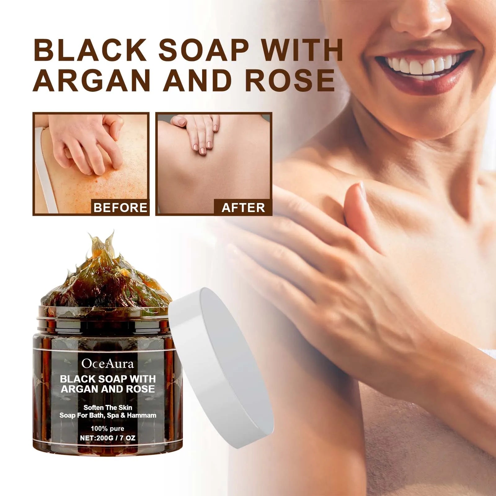 OCEAURA Black Soap With Argan And Rose Black Beldi Soap Ideal For Dead Skin Remover Body Scrub Purifying Deep Cleansing 200g