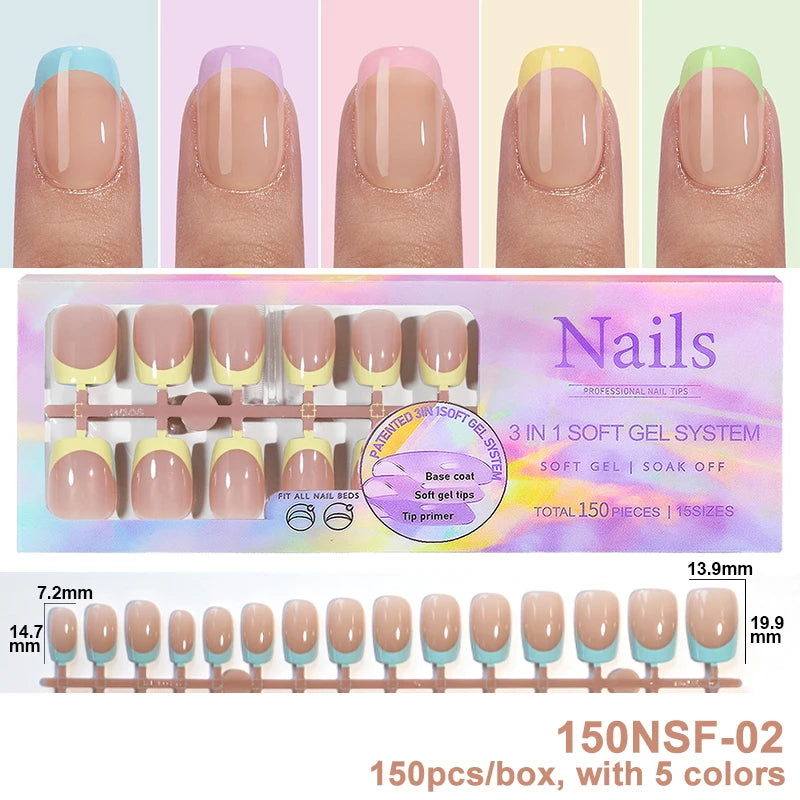 150Pcs/Box Acrylic Press on Nails Full Cover Fake False Tips Soft Gel Extension T-shaped Oval Capsule Almond Sculpted Salon DIY