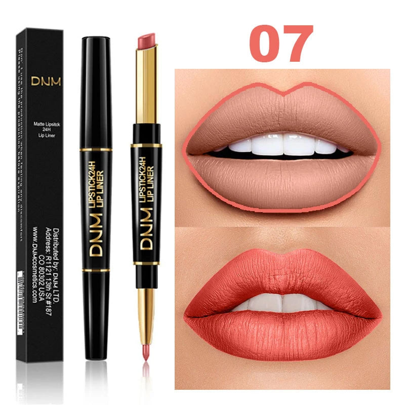 DNM 2 In 1 Matte Lipstick Pencil Double Head Lip Liner Pen Long Lasting Waterproof Lady Charming Nude Red Lipliner Pencil Makeup