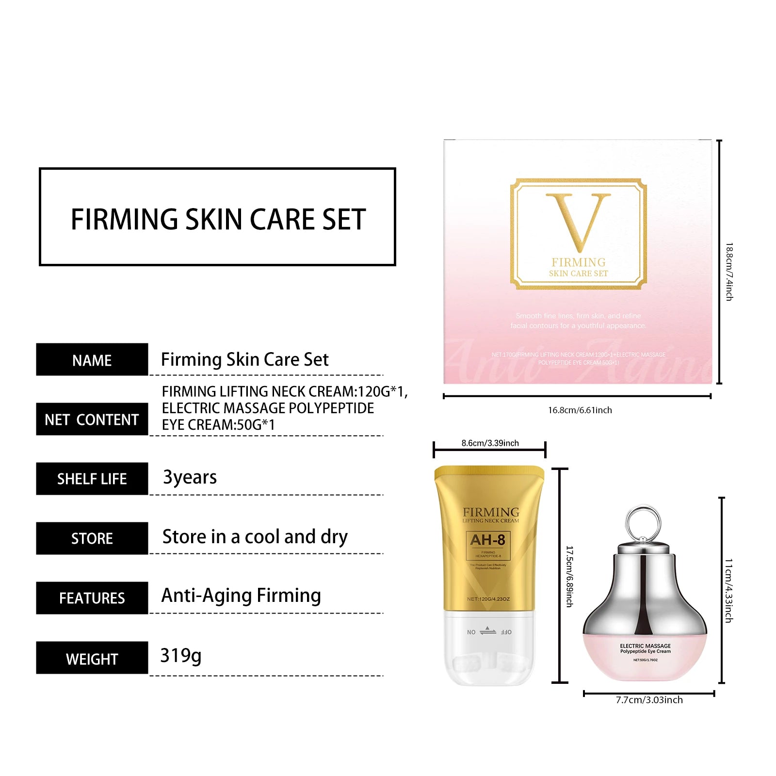 Tighten Skin Care Set Deep Hydration Face Massager Reduce Fine Lines Electric Eye Cream AH-8 Firming Neck Cream with Roller 120g