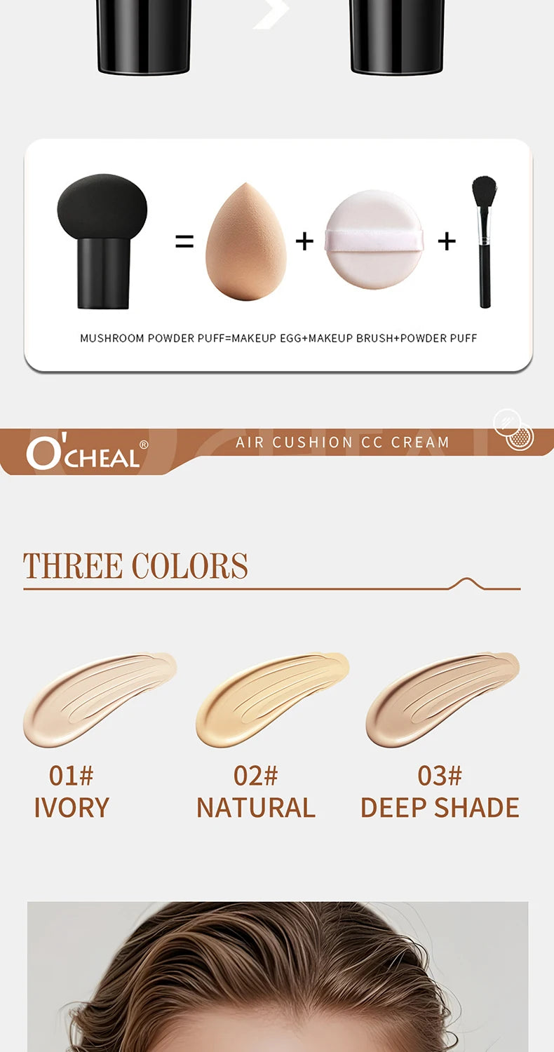 O'CHEAL Mushroom Cushion CC Cream Face Airy Coverage Long-lasting Moisturizing Waterproof Oil Control Concealer BB Cream Makeup