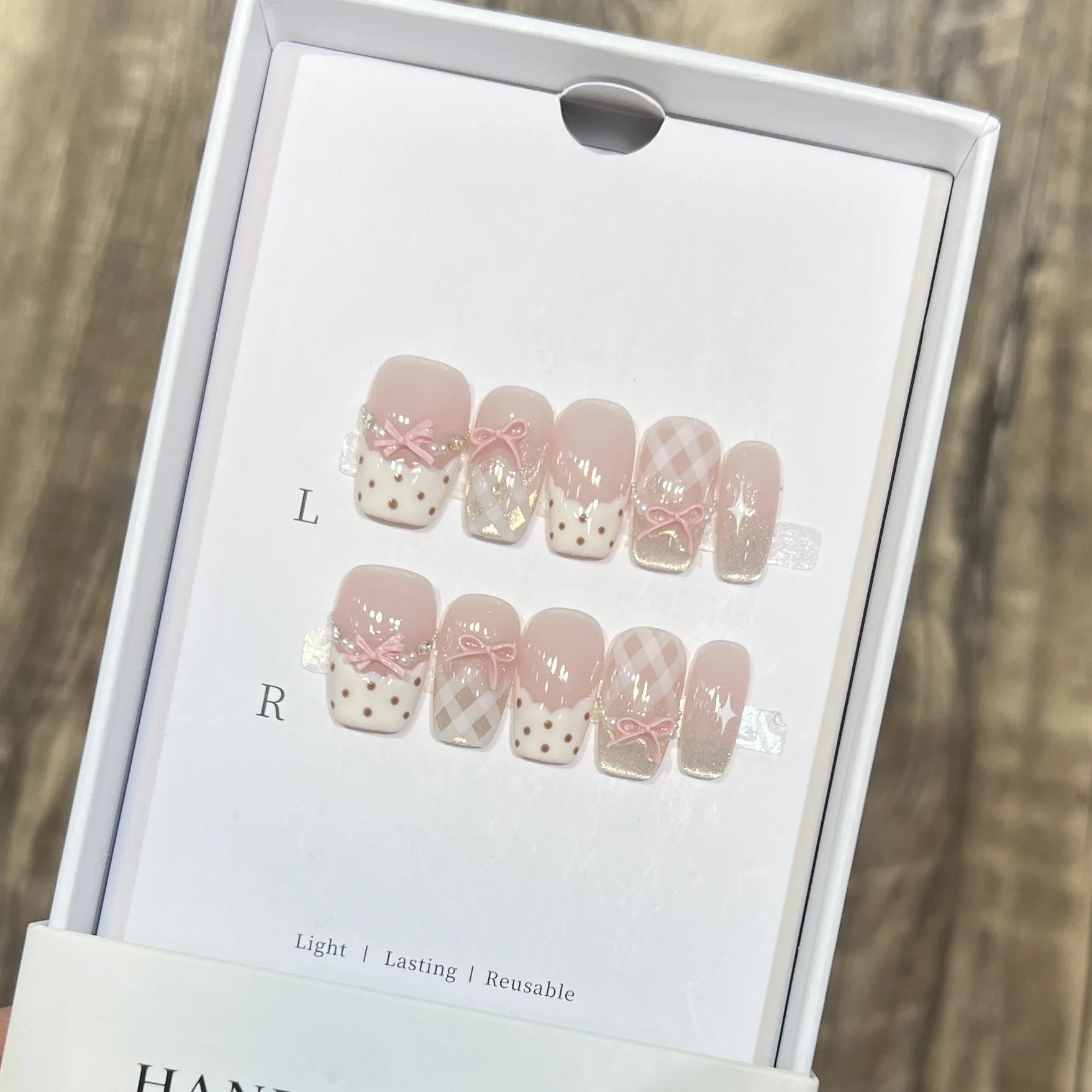 10Pcs Sweet Mid-length Ballet False Nails Art Fashion Pink Cat Eye Lovely Bow Wearable Finished Nails Set Summer Acrylic Nails