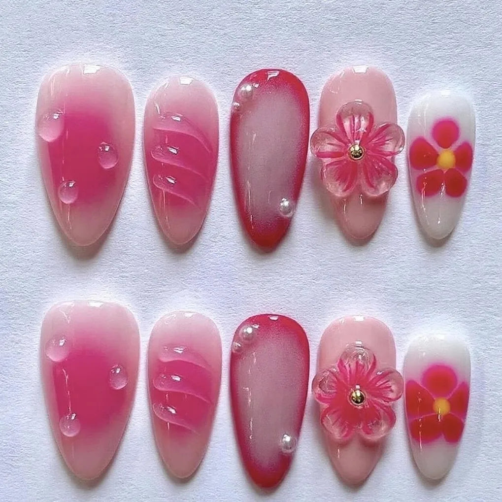 24Pcs Mid-length Gilded Almond Nails Set Press on 3D Flower Gradient Pink Full Cover False Nails Tips Pearl Reusable Fake Nails