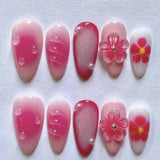 24Pcs Mid-length Gilded Almond Nails Set Press on 3D Flower Gradient Pink Full Cover False Nails Tips Pearl Reusable Fake Nails