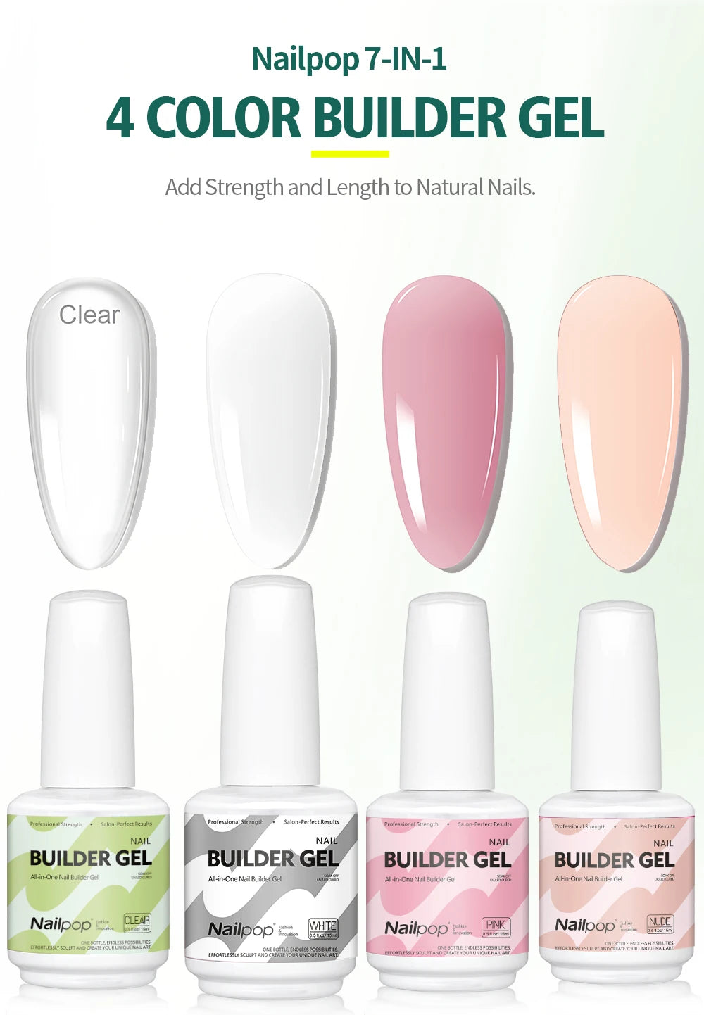 Nailpop 7-in-1 Builder Nail Gel Fast Building Gel Nail Polish Clear White Pink Nude 15ml Nail Tip Reinforcement and Extension
