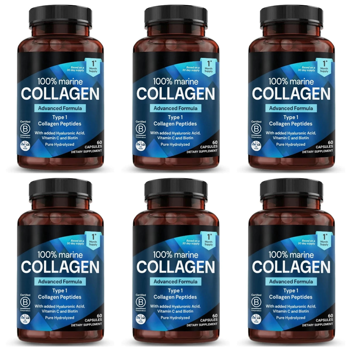 Marine Collagen Capsules for Women & Men, Type I Peptides with Hyaluronic Acid, Vitamin C & Biotin, Beauty Glow Nails, 60 Count
