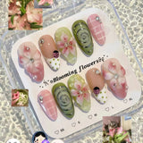 24PCS Pink Almond Press on Nails Full Cover Carved Flower 3D Ripples French Fake Nails for Women with Golden Pearl Wearable Nail