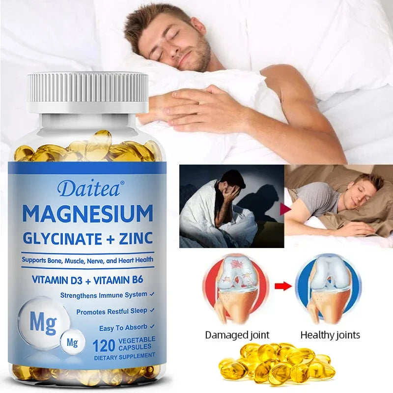 Daitea Magnesium and Zinc Capsules - Magnesium Glycinate Supplement to Support Muscle, Nerve, Joint and Heart Health